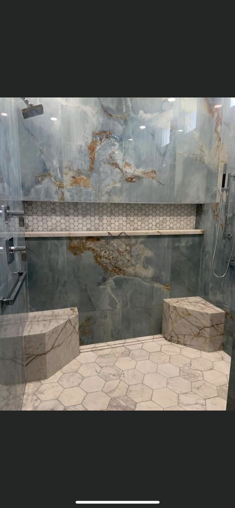 Geode Bathroom, Granite Shower, Lake Houses Exterior, Bathroom Design Layout, Blue Tile, Rustic Home Design, Shower Surround, Bathroom Redo, Main Bathroom