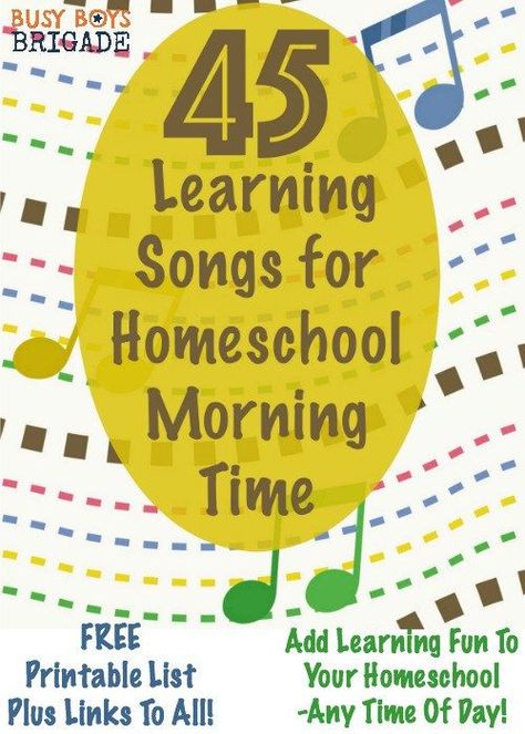 Get your free printable list of 45 Learning Songs for your Homeschool Morning Time-or any time of day! Songs provide an excellent way for multiple learning styles to learn & review important educational concepts. Use during your homeschool morning gathering time as a great way to practice concepts & have learning fun. Morning Circle, Learning Songs, Morning Basket, Homeschool Music, Preschool Homeschool, Morning Time, Homeschool Education, Preschool Songs, Homeschool Learning