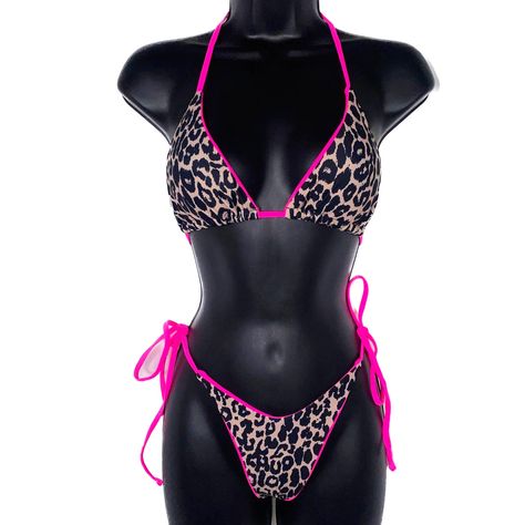 New! Small Leopard Print Bikini Set. Top Is Fully Adjustable With Halter Spaghetti Straps And Removable Padding. Bottoms Are Also Fully Adjustable And Have Hygienic Liner Attached. I Almost Always Ship Daily! Check Out My Other Listings, I Offer Discounts On Multi Purchases. My Items Are Located In Atlanta, Ga Near Midtown. Swimsuit Triangle, Y2k Swimsuit, Triangle Swimsuit, Cute Bathing Suits, 2000s Fashion Outfits, Swim Suits, Cute Swimsuits, Leopard Animal, Print Pink