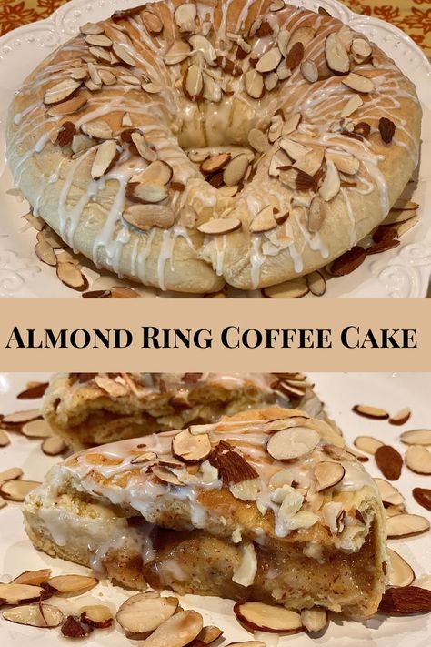 Who doesn’t want to wake up to this? ☕️🥮😎 An almond ring coffee cake made from subtly sweet and tender yeast dough and filled with almond puree is baked until golden on the outside, and soft on the inside. Then, top it all with a simple almond flavored icing & toasted sliced almonds. It’s easy to make and while you’re at it … why not make two and freeze one for later! #almondfilledcoffeecake #coffeecake #almondcoffeecake #breakfastideas #breakfastpastries #almondpastried #foodblogger #almonds Almond Ring Pastry, Almond Ring, Almond Pie, Almond Coffee Cake, Almond Tea, Almond Pastry, Breakfast Pastries, Almond Flavor, Pastry Cake