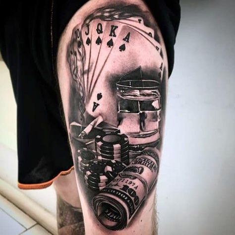 Male Thigh Poker Chip Tattoo Ideas Poker Chips Tattoo, Gambling Tattoo Ideas, Gambling Tattoos, Gamble Tattoo, Tattoo Cards, Chip Tattoo, Tattoo Money, Poker Tattoo, Cards Tattoo