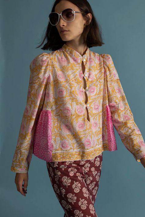 Shirt Shop – Alix of Bohemia Alix Of Bohemia, Batik Fashion, Spring Summer 2022, Yellow Citrine, Cotton Blouse, Band Collar, Fashion Design Clothes, Floral Blouse, Button Detail