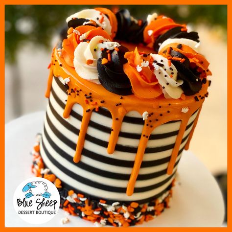 White and black striped buttercream cake with orange chocolate drip & fancy Halloween sprinkles! Black White Halloween Nails, Halloween Cake Design, Pasteles Halloween, Cake Halloween, Halloween Birthday Cakes, Black White Halloween, Halloween Foods, Halloween Sprinkles, Orange Chocolate