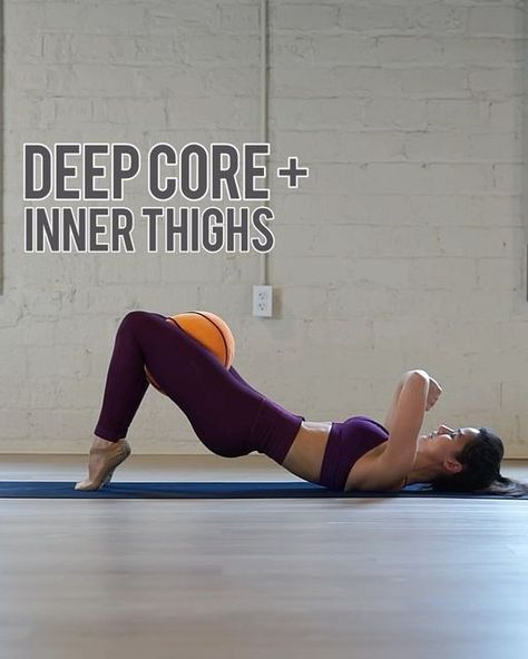 Catherine Elizabeth Wiggins | Women’s Fitness Trainer on Instagram: "💫FULL CORE + INNER THIGHS💫  As requested here is another deep core carousel post with a side of inner thighs☺️  I love to incorporate inner thigh work because targeting the adductors is an incredible conduit to working the pelvic floor and deep transverse abdominals (TVA). This aids in postpartum rehabilitation, improving core function, and strengthening your body’s internal corset for a tighter midline.  I’m using one of the boys’ squishy pillows here but really anything you can squeeze into will work: a throw pillow, rolled up towel, or Pilates ball  💪🏽Perform 8-10 reps per move and side, and up to 3 rounds  👉🏽As you exhale, lift pelvic floor and wrap your transverse abdominals starting at the hip bones 🌬️ Imagin Pilates Ball, Carousel Post, Yoga Sculpt, Deep Core, Leg Exercises, Core Exercises, Yoga Workouts, Easy Yoga Workouts, Fitness Classes