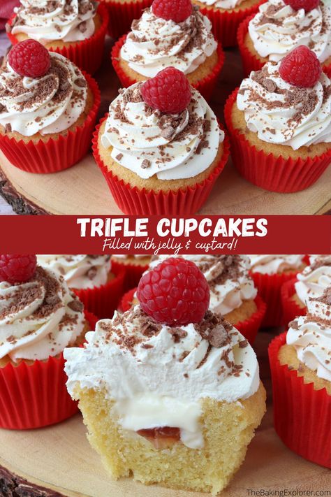 Recipe for Trifle Cupcakes - a delicious light sponge filled with jelly and custard, and topped with whipped cream and chocolate. The classic British dessert has been combined with a cupcake to create this tasty treat! #thebakingexplorer #britishfood #cupcakerecipe #jellyandcustard #whippedcream Portable Dessert, British Desserts, Uk Food, Food Blogging, Filled Cupcakes, Strawberry Jelly, Trifle Recipe, Tasty Foods, British Food