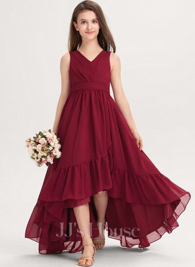 [US$ 64] A-line V-Neck Asymmetrical Chiffon Junior Bridesmaid Dress With Pleated (009217822) Dusty Lavender, Junior Bridesmaid Dress, Cascading Ruffles, Wedding Flower Girl Dresses, Pleated Chiffon, Pageant Gowns, Junior Bridesmaid Dresses, Chiffon Ruffle, Frock Design