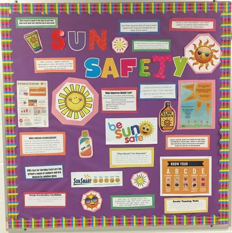 Sun Safety Bulletin Board, Summer Safety Bulletin Board Ideas, Safety Boards For Work Ideas, Bulletin Board For High School, Safety Bulletin Board, Office Bulletin Board Ideas, September Bulletin Boards, School Clinic, Nurse Bulletin Board