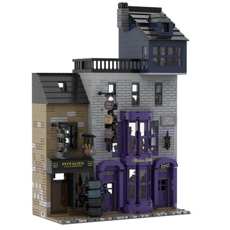 Diagon Alley: Potages Cauldrons and Madame Malkin's Robes from BrickLink Studio Lego Displays, Lego Harry Potter Moc, Harry Potter Lego Sets, Lego Universe, Lego Hogwarts, Leaky Cauldron, Lego Display, Lego Diy, Harry Potter Decor