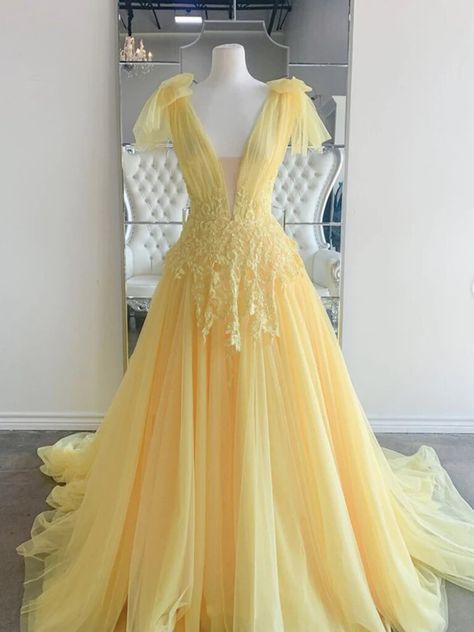 Yellow Evening Dress, Yellow Evening Dresses, Dresses Yellow, Prom Dresses Yellow, A Line Evening Dress, Long Sleeve Gown, Long Prom Dresses, Yellow Lace, Dresses Elegant