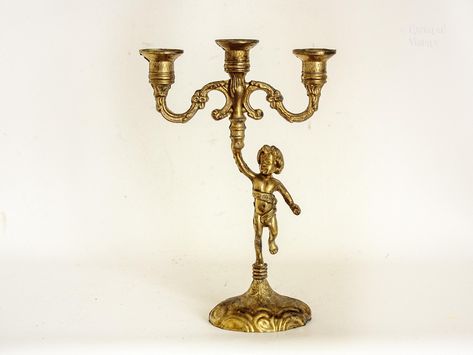 Cherub Angel Candelabra Three Branch Candle Stick Holder Vintage Candlestick by UpStagedVintage on Etsy Cherub Home Decor, Cherub Wall Decor, Gold Vintage Candle Holders, Cherub Candle Holder, Baroque Candle Holder, Branch Chandelier, Vintage Candlesticks, Brass Candlesticks, Vintage Chandelier