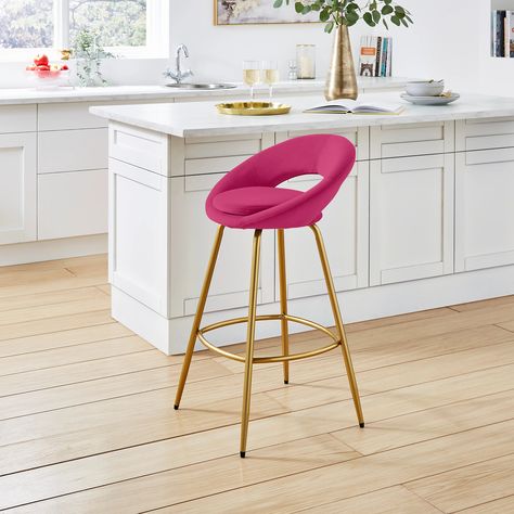 Lucie Velvet Bar Stool Magenta Oak Dining Room, Bathroom Furnishings, Stool Height, Bar Height Stools, Mattress Frame, Armchair Furniture, Outdoor Heating, Living Room Storage, Garden Storage