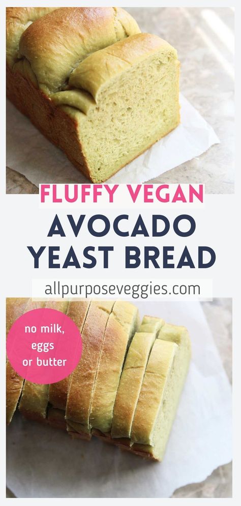 Here’s a soft & fluffy vegan avocado bread (yeast bread) that combines creamy ripe avocados and my basic white bread recipe. All you need are just a few ingredients (bread flour, salt, sugar, yeast and avocados). The best part is that you don’t need any eggs, milk or butter — perfect fort those on a dairy free or vegan diet. #healthybread #veganbread #healthybaking #easyrecipes #yeastbread #sandwichbread #avocadotoast #avocadobread Avocado Bread Recipes Healthy, Vegan Avocado Breakfast, Avocado Bread Recipes, Basic White Bread Recipe, Vegan Avocado Recipes, Avocado Bread, White Bread Recipe, Yeast Bread Recipes, Healthy Bread