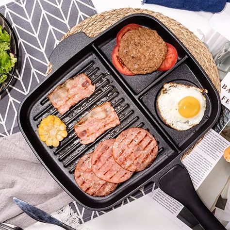 Sakuchi 11 Inch Divided Breakfast Pan 3 Section Compartment Grill Frying Pan Nonstick Induction All-In-One Meal Skillet Pan Kitchen Cooktop, Pan Kitchen, Induction Stove Top, Skillet Pan, Induction Stove, Kitchen Must Haves, Cooked Breakfast, Cooking Pan, Induction Cooktop