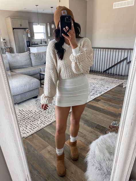 Dress With Uggs Outfit, High Neck Dress Outfit, How To Style Ugg Boots, Carhartt Beanie Outfit, Tan Sweater Outfit, Long Sleeve Dress Outfit, Cozy Outfit Ideas, Neutral Winter Outfit, White Skirt Outfits