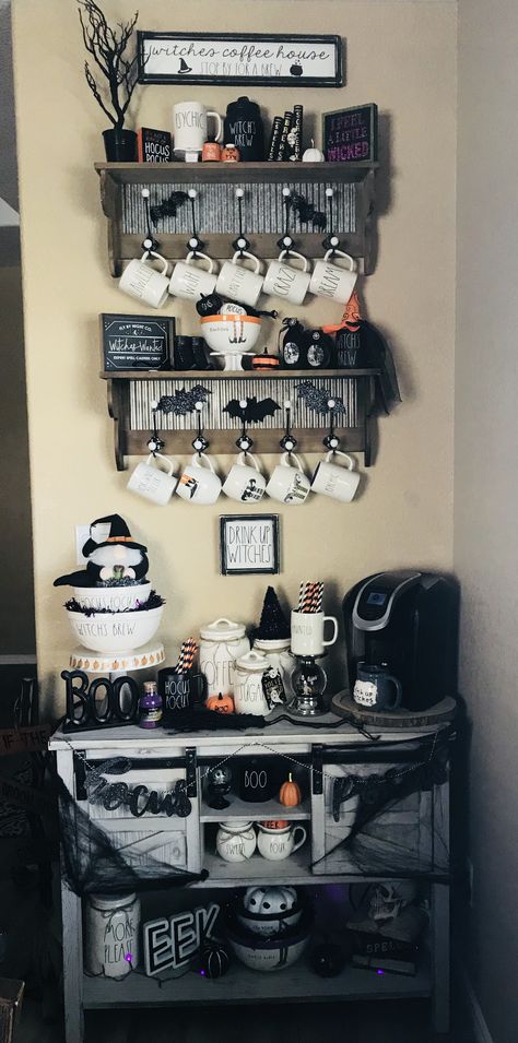 Halloween Kitchen Wall Art, Gothic Coffee Bar Ideas, Goth Coffee Bar Ideas, Witchy Coffee Bar, Gothic Coffee Bar, Gothic Homestead, Goth Coffee Bar, Goth Kitchen Ideas, Spooky Coffee Bar