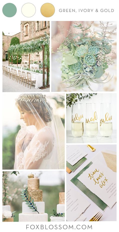 Wedding Color Schemes Gold, Wedding Inspiration Green, Ivory And Gold Wedding, Green Gold Weddings, Olive Green Weddings, Boho Engagement, Wedding Motifs, Green Themed Wedding, Gold Wedding Theme