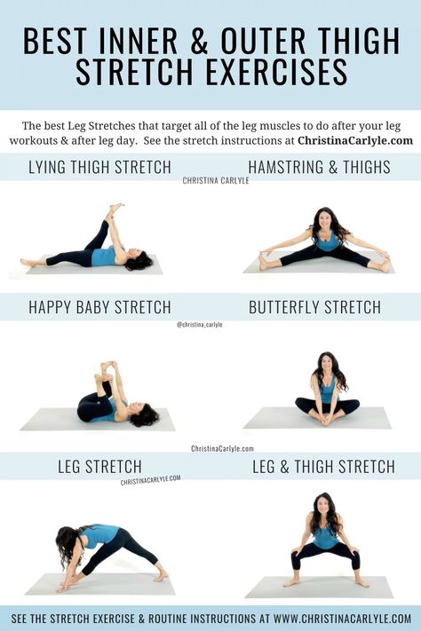 The 13 best leg stretches to do after leg workouts and leg day that target all of the leg muscles including inner and outer thigh stretches. Thigh Stretches, Best Leg Stretches, Yoga For Legs, Inner Thigh Stretches, Stretches For Legs, Leg Stretches, After Leg Day, Post Workout Stretches, Outer Thigh