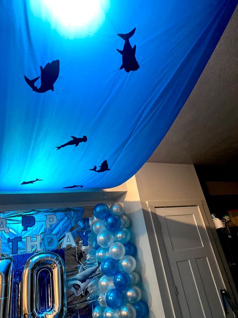 Shark Theme Centerpieces, Under The Sea Decorations Ocean Themes, Mermaid And Shark Birthday Party, Sharknado Party, Ocean Silhouette, Themed Birthday Decorations, Shark Themed Birthday, Florida Party, Surfer Party