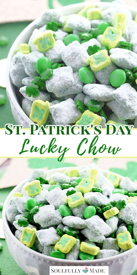 St. Patrick’s Day Lucky Chow. It’s puppy chow Leprechaun style! Candy melts, peanut butter, and powered sugar tossed with fun green candies and shamrock marshmallows. #stpatricksday #puppychow #muddybuddies #snack St Patricks Day Muddy Buddy, St Patrick's Day Puppy Chow, Green Chex Mix St. Patrick's Day, St Patricks Snacks, Puppy Chow Recipe Without Peanut Butter, Chex Mix Recipes Christmas, St Patrick Party Food, Easy Puppy Chow Recipe, Puppy Chow Chex Mix