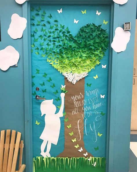 Your wings already exist, all you have to do is FLY. 🦋 The last door decoration of the school year with 300+ hand cut butterflies. 💚 This… Classroom Door Ideas, Spring Classroom Door, Your Wings Already Exist, Preschool Door, Positive Classroom Environment, Fall Classroom Decorations, School Door Decorations, Spring Classroom, Teacher Doors