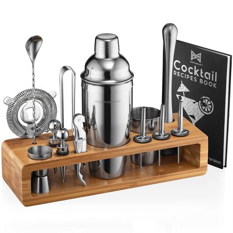 PRICES MAY VARY. GO PRO: Our bar set is something to brag about! This drink mixer is a multitasker to whip up top-notch drinks with style. Talk about a happy hour upgrade with our bar essentials! Mixology Bartender Kit - 23-Piece Cocktail Shaker Set w/ Bamboo Stand, Martini Shaker, Jigger, Muddler, Strainer for Drink Mixing - Essential Bar Accessories Bartender Set, Bartending Kit, Bartender Kit, Mixology Set, Cocktail Recipe Book, Bartender Tools, Martini Shaker, Luxury Gifts For Men, Cocktail Shaker Set