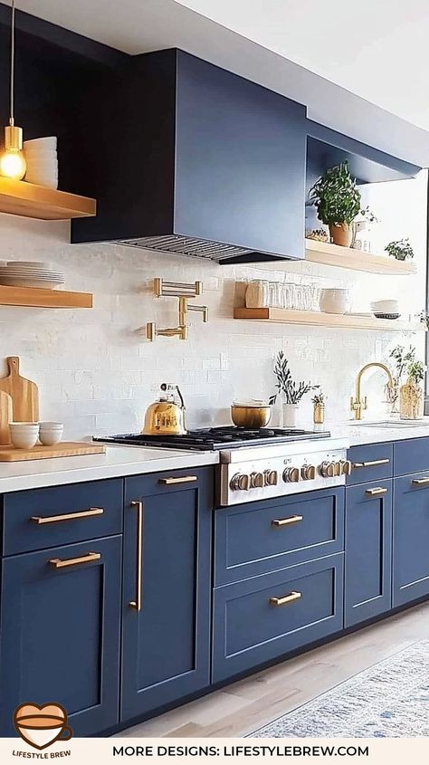 Navy Kitchen Cabinet Ideas: Elegant and Timeless Design Inspiration - LifeStyle Brew Navy Wood Kitchen, Navy Blue Kitchens, Navy Kitchen Ideas, Dark Blue Cabinets, Navy Kitchen Cabinets, Victorian Flat, Navy Cabinets, Navy Blue Kitchen, Kitchen Colour