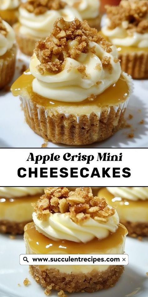 Enjoy the flavors of fall with these Apple Crisp Mini Cheesecakes! Creamy, decadent cheesecake pairs perfectly with caramelized apples and a cinnamon-oat crumble topping, making these mini desserts the ideal fall-inspired treat. Fall Mini Cheesecake Recipes, Easy Desserts Apple, Apple Crisp Mini, Mini Apple Cheesecake, Miniature Cheesecakes, Apple Topping, Decadent Cheesecake, Oat Crumble Topping, Caramelized Apples