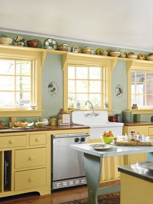 A continuing shelf from the tops of the cabinets around the dining nook would be awesome for a display of dishes. Awesome Kitchens, Yellow Cabinets, Painted Cabinets, Fresh Kitchen, Kabinet Dapur, Farmhouse Kitchen Cabinets, Kitchen Farmhouse, Yellow Kitchen, Kitchen Cabinet Colors