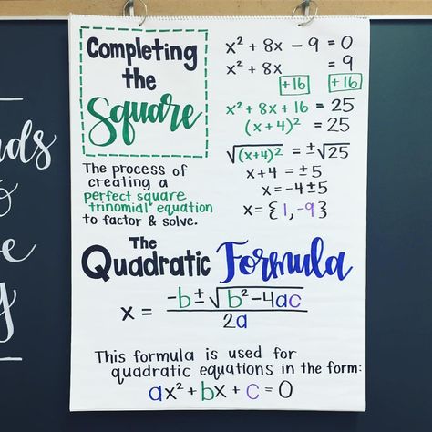 Algebra Anchor Chart💚💙 Completing the Square and the Quadratic Formula starts next week so this chart is going up today! Nothing fancy- simple and to the… Quadratic Formula Poster, Algebra 2 Anchor Charts, Algebra Anchor Charts High School, Completing The Square Notes, Algebra 1 Anchor Charts, Completing The Square, College Math, High School Math Classroom, Quadratic Formula