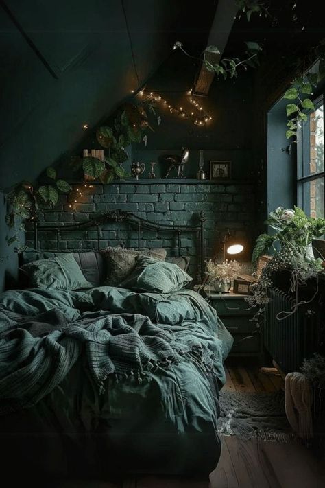 Goth Forest, Paradis Sombre, Home Haunted House, Haunted House Decor, Gothic Bedroom, Brick Interior, Dream Bedroom Inspiration, Dark Home Decor, Dark Home