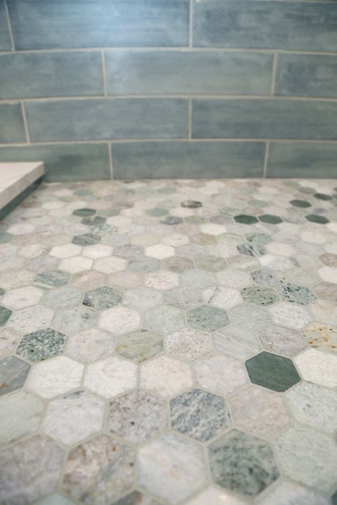 Bathtub Redo, Marble Shower Floor, Unique Tile Floor, Green Tile Floor, Green Shower Tile, Bathroom Tub Remodel, Shower Floor Tile Ideas, Unique Bathroom Tiles, 2024 Bathroom