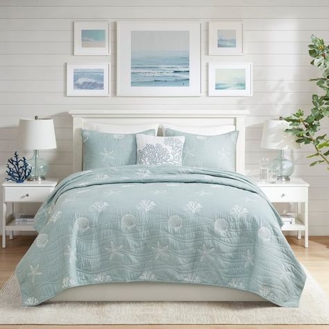 Calm Coastal, Coral Embroidery, Cotton Quilt Set, How To Clean Pillows, Harbor House, Bed Comforter Sets, Summer Blanket, Coverlet Bedding, Embroidered Quilts