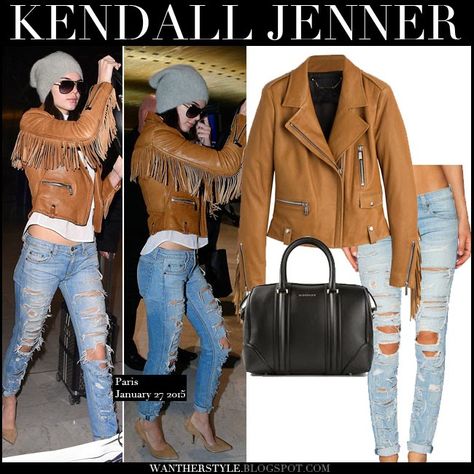 Kendall Jenner in tan fringe leather jacket, distresses boyfriend jeans with black tote #kendalljenner #fashion #style #outfit #leather #fringe #jacket Fringe Outfits, Fringe Clothing, I Want Her, 2015 Fashion Trends, Cowgirl Bling, Fringe Leather Jacket, Vacay Outfits, Distressed Boyfriend Jeans, Jenner Style