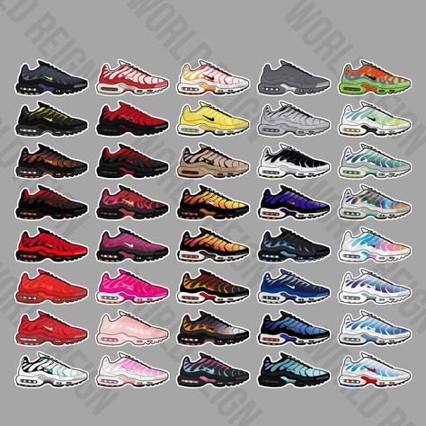 TN Air Max Plus Vinyl Sticker RANDOM 4/RANDOM 8 /RANDOM 16 - Colour ways will be selected at random (no double ups) COMPLETE SET (40) - All 40 colour ways Approx. Size: 50mm x 25mm  Australia Shipping Standard (untracked) - Can take up to 10 business days to arrive depending on your location, remote areas can take longer. Tracked - As a general guideline 1-4 business days Express - As a general guideline 1-2 business days Free standard shipping over $30 will be provided with tracking. Internatio Air Max Plus Outfits, Nike Tn Shoes, Sticker Random, Air Max Plus Tn, Funny People Pictures, Nike Tn, Colour Ways, Nike Air Max Tn, Snapchat Funny