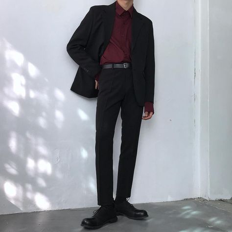 Alt Semi Formal Outfits Men, Maroon And Black Outfit Men, Red And Black Suit For Men, Alternative Formal Outfit Men, Maroon Shirt Outfit Men, Black Suit Red Shirt, Men Suit Photoshoot, Male Formal Outfits, Semi Formal Men Outfit