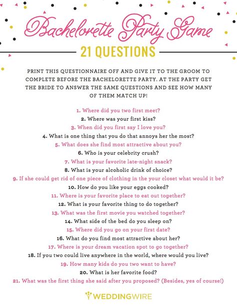 24 Free Bachelorette Party Printables Every Bride Will Love Spinster Party Games, Bachelorette Party Questions, Bach Games, 21 Questions Game, Party Questions, Party Agenda, 21 Questions, Bachelorette Ideas, Bachelorette Party Planning