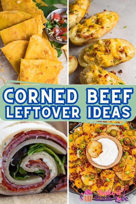 A collage pin with four tasty recipes to make using corned beef leftovers. Leftover Corned Beef Recipes, Corned Beef And Cabbage Soup, Corned Beef Leftovers, Beef And Cabbage Soup, Baked Corned Beef, Filling Breakfast Recipes, Corned Beef Recipe, Leftover Ideas, Canned Corned Beef