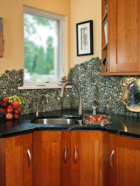 30 Trendiest Kitchen Backsplash Materials :  Sea Green Pebble tile backsplash Colorful Kitchen Backsplash, Rock Backsplash, Cheap Backsplash, Unconventional Materials, Trendy Kitchen Backsplash, Backsplash Diy, Diy Kitchen Backsplash, Diy Backsplash, Backsplash Designs