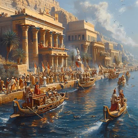 Ancient Egypt City, Egypt Palace, Fantasy Egypt, New Kingdom Egypt, Ancient Alexandria, Ancient Egyptian Cities, Egypt Concept Art, Egypt Aesthetic, Egyptian Temple