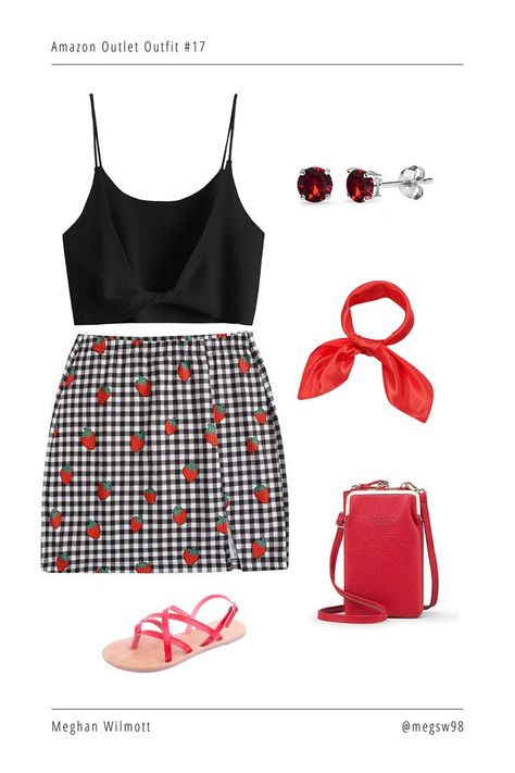 Red Neck Scarf, Red Gladiator Sandals, Strawberry Skirt, Strawberry Purse, Red Neck, Cute Strawberry, Black Crop Top, Phone Purse, Red Earrings