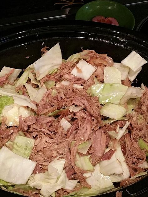 Homestyle Kalua Pork with Cabbage in a Slow Cooker | Allrecipes Kalua Pig And Cabbage, Pork And Cabbage Recipes Crockpot, Kaluha Pork Recipes, Kalua Pork And Cabbage, Kahlua Pork Slow Cooker, Crockpot Pork Shoulder Roast Slow Cooker, Kalua Pork Crockpot, Crockpot Pork Shoulder, Pork Crock