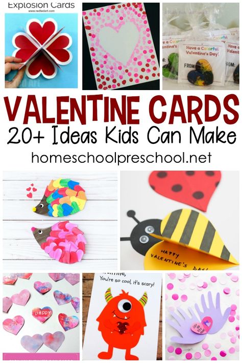 Crafty kids will love making homemade Valentine cards for their friends and loved ones. This collection has some amazing ideas for kids of all ages! #homemadevalentinecards #homemadevalentines #valentinecardsforkids via @homeschlprek Preschool Valentine Cards, Valentine Cards For Kids, Valentines Day Cards Diy, Valentine Card Crafts, Homemade Valentine, Kindergarten Valentines, Homemade Valentines Day Cards, Diy Valentines Cards, Valentine Cards Handmade