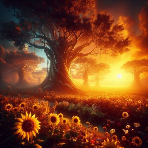 Fantasy sunflower garden Sunflower Garden, Tree Canopy, Sunflower Wallpaper, Sunflower Field, Sunflower Fields, Autumn Photography, Autumn Trees, Wallpaper Pc, Fantasy Art