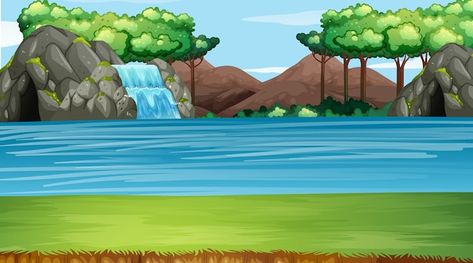 Background scene with waterfall and rive... | Premium Vector #Freepik #vector #forest-river #river #river-water #cartoon-river Cartoon River Background, Cartoon Background Forest, Forest Cartoon Background, River Animation, River Cartoon, River Images, Jungle Vbs, River Background, Water Cartoon