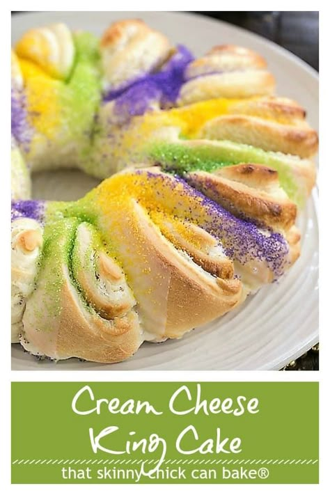 Easy King Cake with Cream Cheese Filling and Mardi Gras colored sugars - a semi homemade king cake recipe using frozen bread dough and cream cheese! #FatTuesday #MardiGras #KingCake #yeastbread #tearoll #breakfast #brunch #easyrecipe #thatskinnychickcanbake Cream Cheese King Cake Filling, Cream Cheese King Cake Recipe, King Cake With Cream Cheese Filling, Cream Cheese Filling For King Cake, Recipe For King Cake, King Cake Recipe Cream Cheese, Quick And Easy King Cake, Using Frozen Bread Dough, Authentic King Cake Recipe