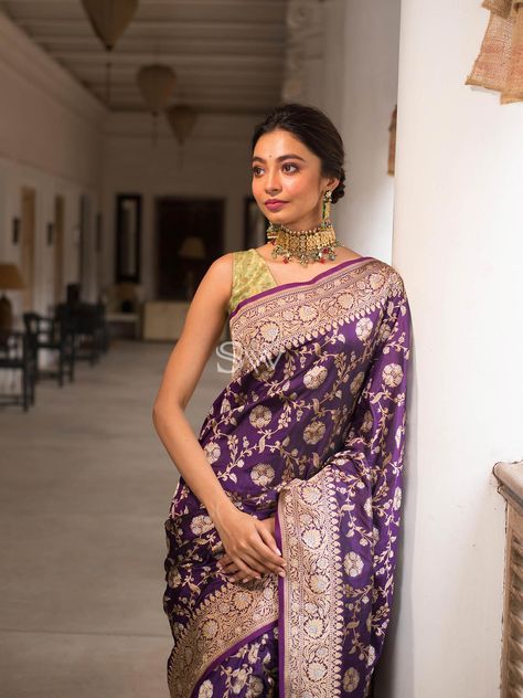 Traditional Banarasi Sarees - Buy Traditional Banarasi Sarees Online - Sacred Weaves Meenakari Saree, Katan Saree, Banaras Sarees, Purple Saree, Fashion Vibes, Saree Trends, Katan Silk, Anushka Sharma, Wedding Saree