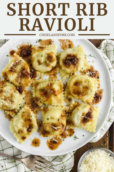 For those special occasions, this short rib ravioli made with fresh pasta tossed in a delicious red wine sauce is the choice. #shortribravioli #ravioli #pasta | chiselandfork.com Best Ravioli Filling, Braised Short Rib Ravioli, Shortrib Ravioli, Ravioli Filling Ideas Meat, Brisket Ravioli, Meat Ravioli Filling, Braised Beef Ravioli, Meat Ravioli Recipe, Ravioli Filling Ideas