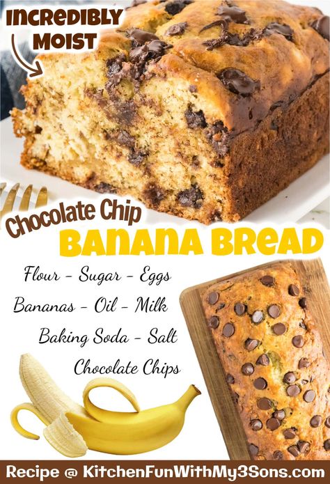 Triple Chocolate Banana Bread, Choc Chip Banana Bread, Banana Bread Recipe Easy Moist, Chocolate Chip Bread Recipe, Cake Mix Banana Bread, Chocolate Chip Banana Bread Recipe, Banana Bread Recipe Moist, Chocolate Chip Bread, Moist Banana Bread