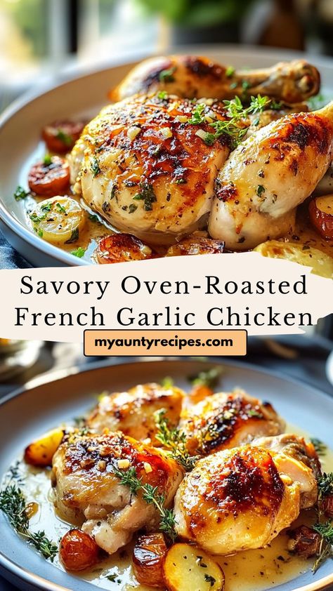 Enjoy the rich taste of French cuisine with this Oven-Roasted Garlic Chicken! With golden, crispy skin and juicy meat, it’s a savory dish that’s easy to prepare and perfect for fall dinner ideas or any cozy night. Roast Chicken Thigh Recipes, Garlic Roasted Chicken, Crispy Roasted Chicken, French Cuisine Recipes, Fall Dinner Ideas, Roasting Garlic In Oven, Best Roasted Chicken, Roasted Chicken Recipe, Christmas Roast