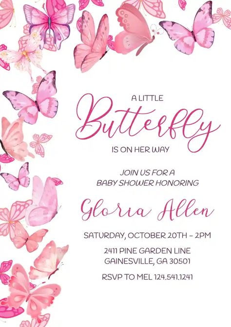 Little Butterfly - Free Baby Shower invitation maker, customize and share to social media Baby Shower Invitations Butterflies, Babyshower Invitation For Girl, Baby Shower Butterfly Invitations, Butterfly Baby Shower Ideas, Butterfly Invitation Template, Butterfly Baby Shower Invite, Baby Shower Invitation Ideas, Baby Shower Invitations Girl, Baby Shower Invitations Templates